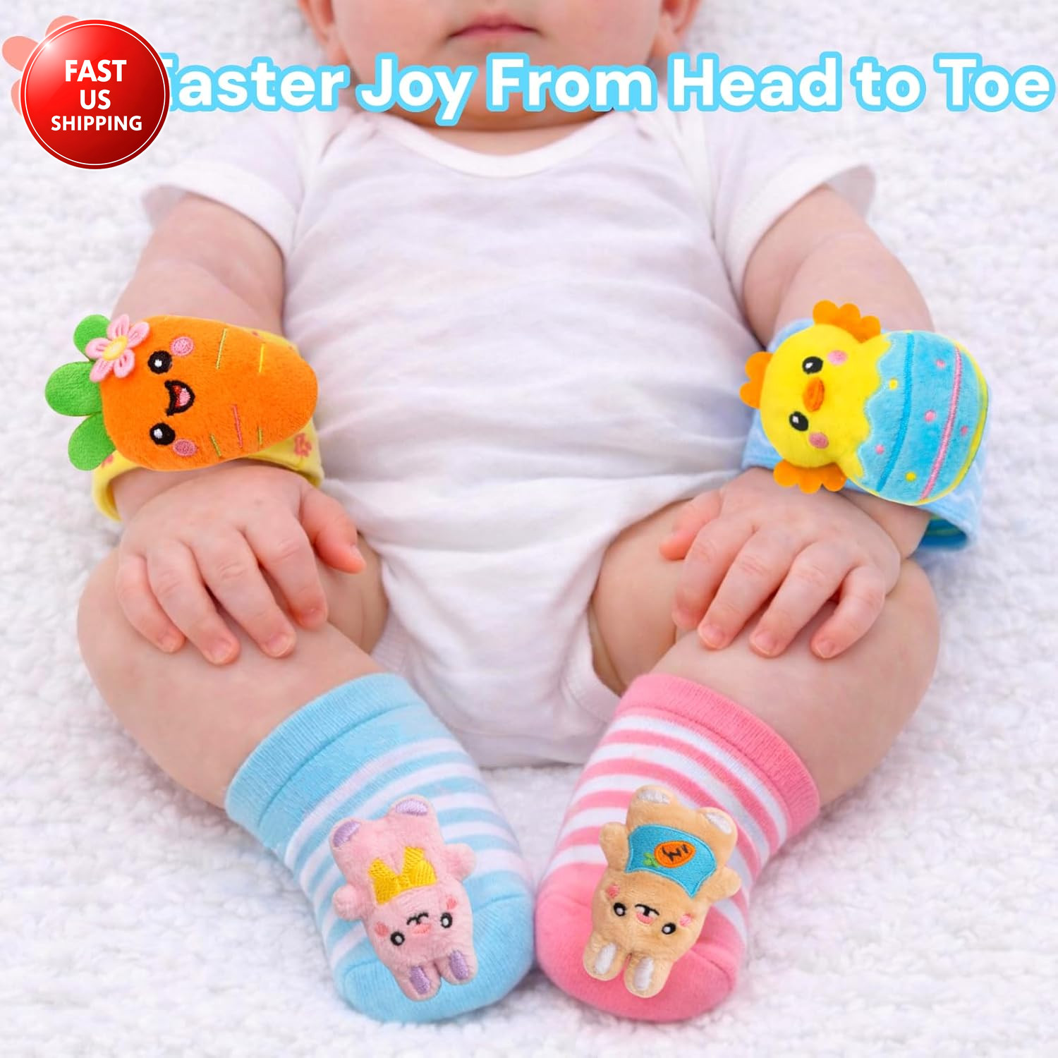 Easter Baby Wrist Rattle Socks and Foot Finder Set, Infant Girl Boy Toys for Bab