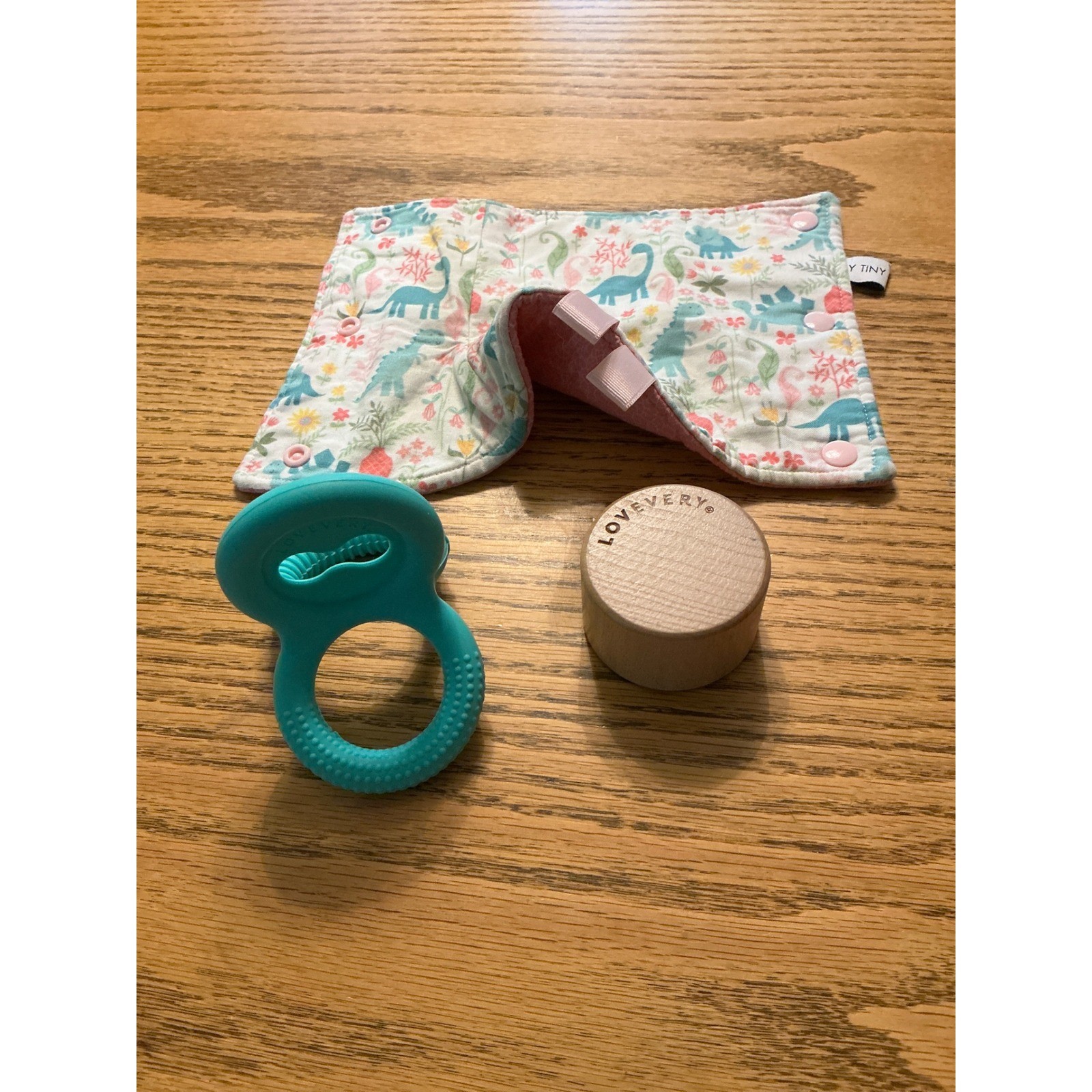 Lovevery Baby Toy Bundle Silicone Teether Wooden Cup Bloom Tiny Dinosaur Wrap