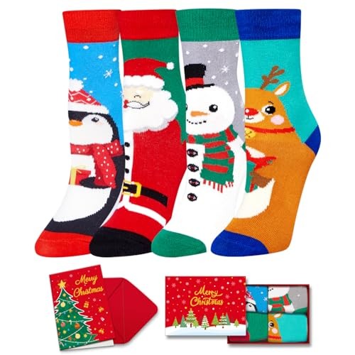 Christmas Socks for Kids – Penguin Santa Snowmen Deer 4 Pack 10-12 Years