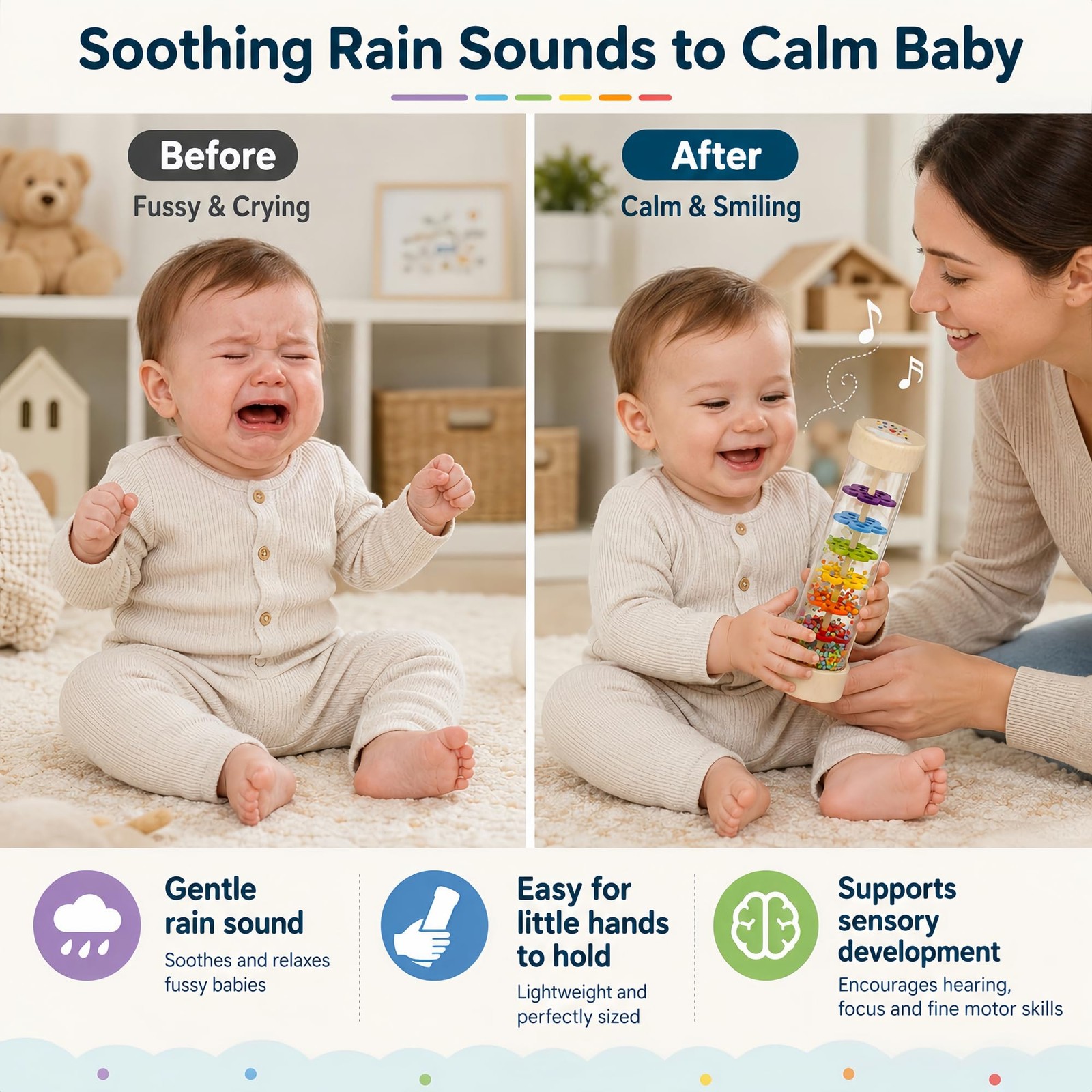 Oneshow Wooden Rain Stick Baby Toys, Montessori 7.7 inch, Iridescent-7.7″