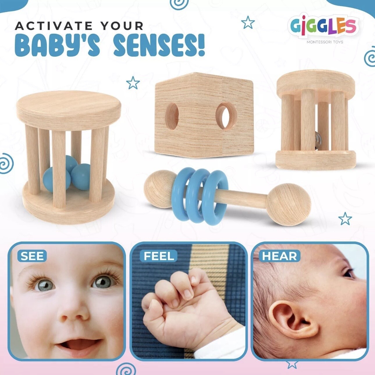 Giggles Montessori BLUE Wooden Baby Toy & Wooden Baby Rattle, 0-6 Months Toys
