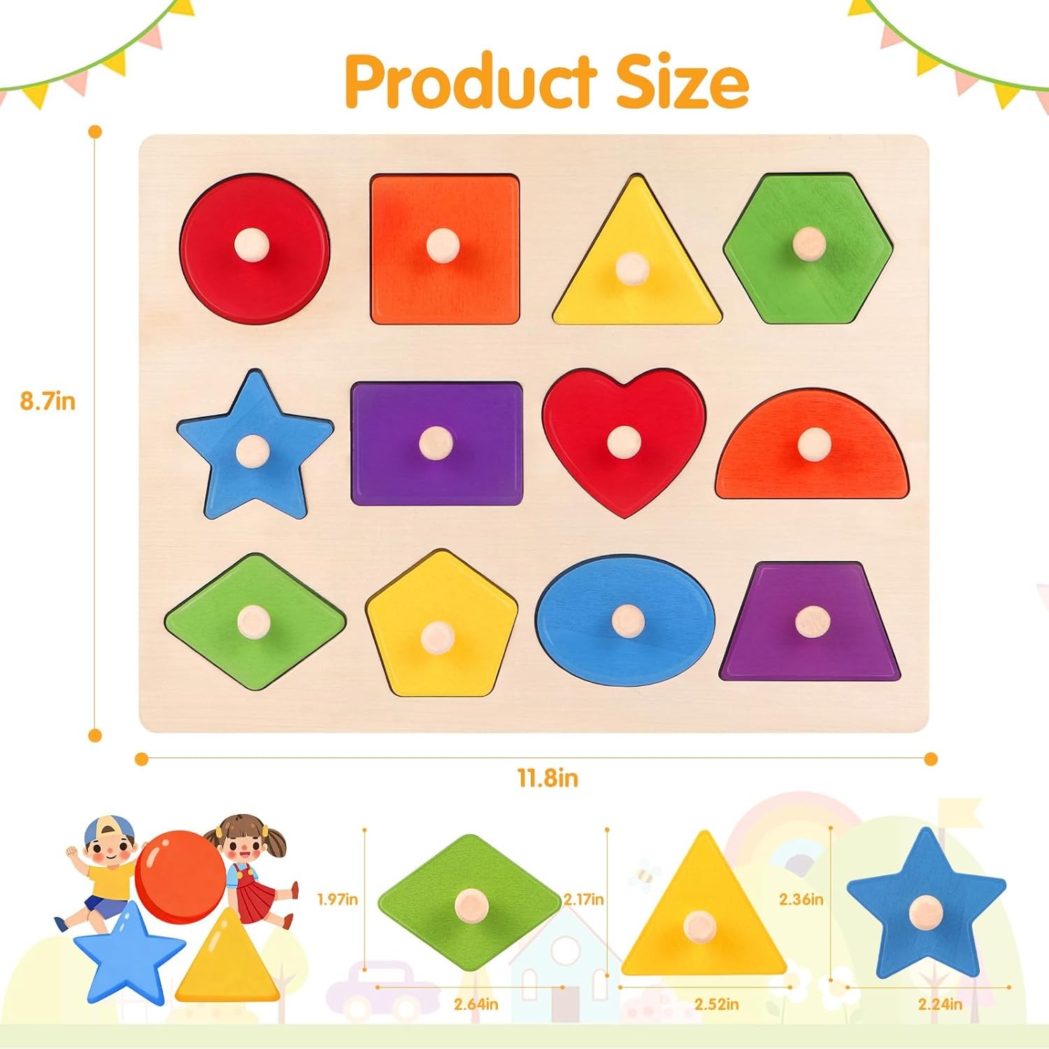 Montessori Wooden Peg Shape Puzzles for Toddlers 1-4, Sturdy Easy-Grip Education