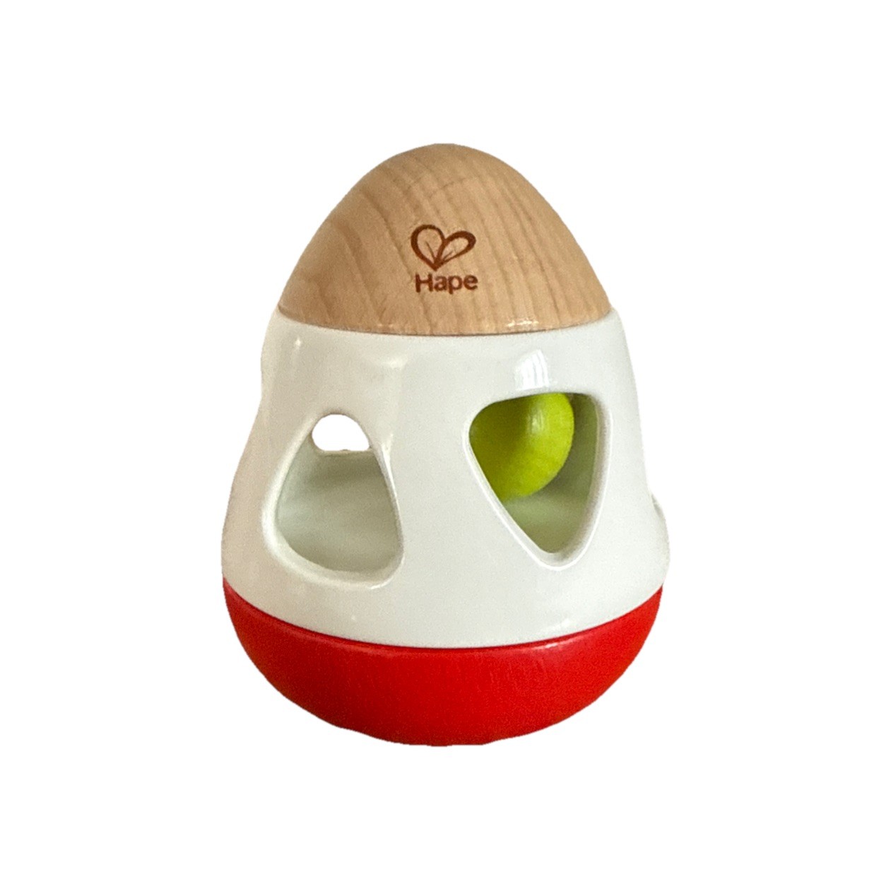 Hape Wobbling Bell Red White Toy 5” Infant Baby Toddler Wooden Rattle Toy