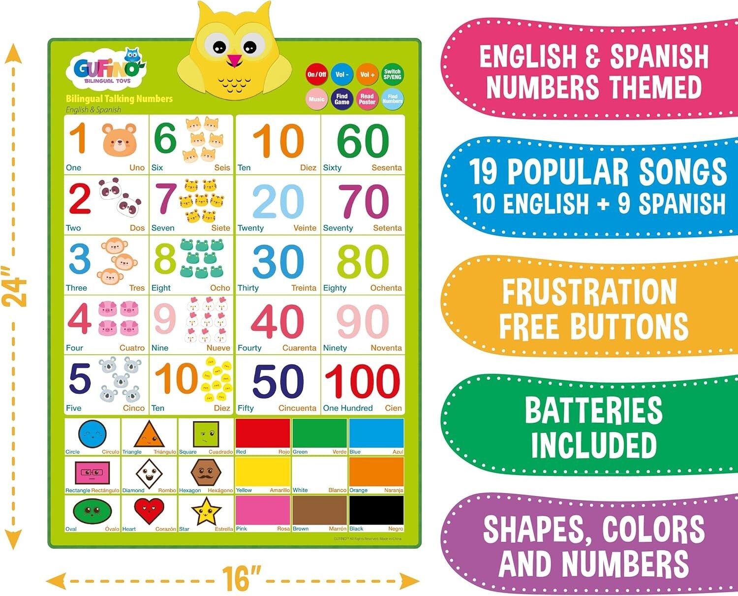 Bilingual Talking Numbers Kids Education Poster English & Spanish Shapes Colors