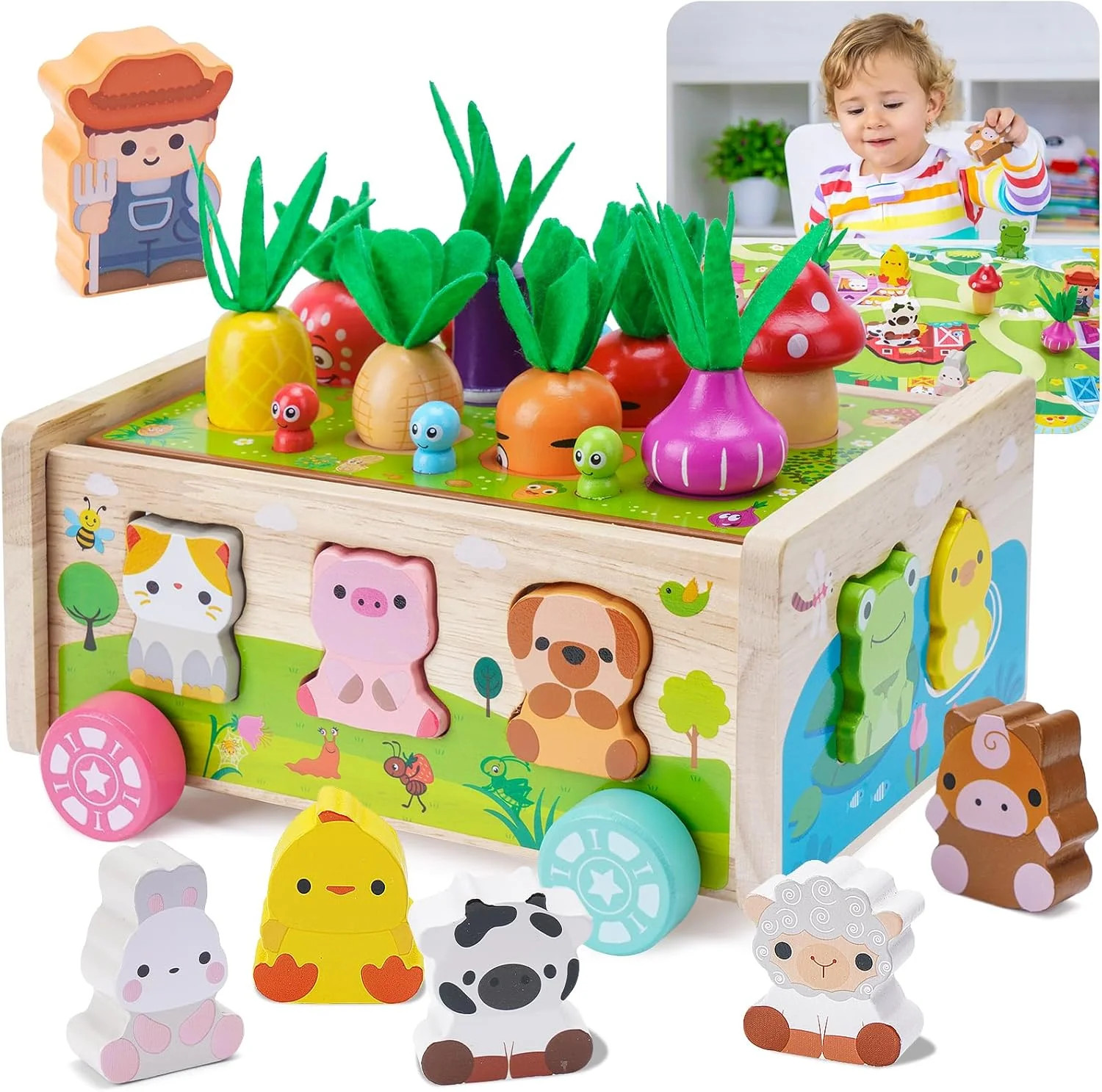 Toddler Montessori Wooden Farm Toys | Babies 12-18 Months Toy with Game Map for