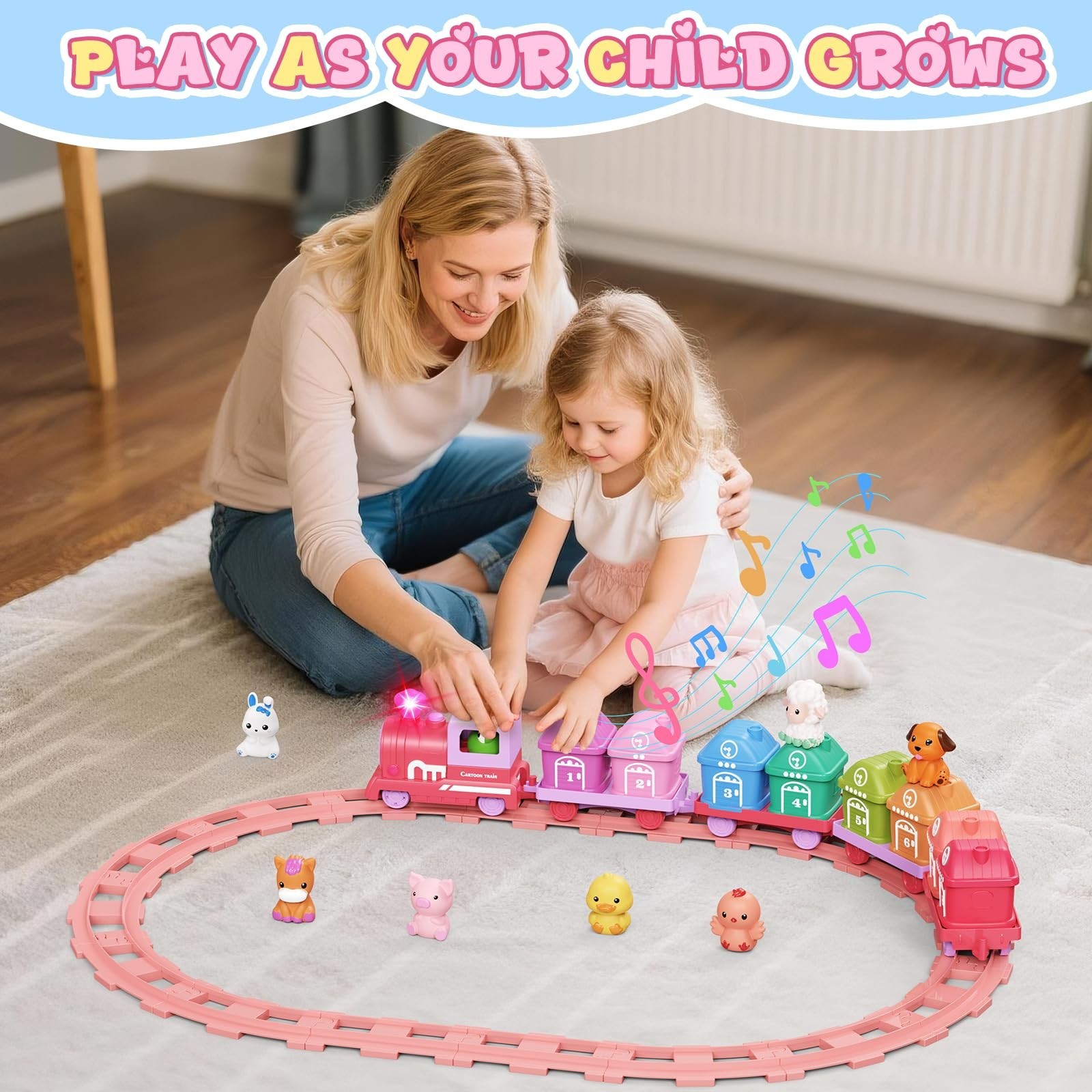 Train Set for Toddlers 2-4, Electric Toddler Train Set with Farm Animals, Music