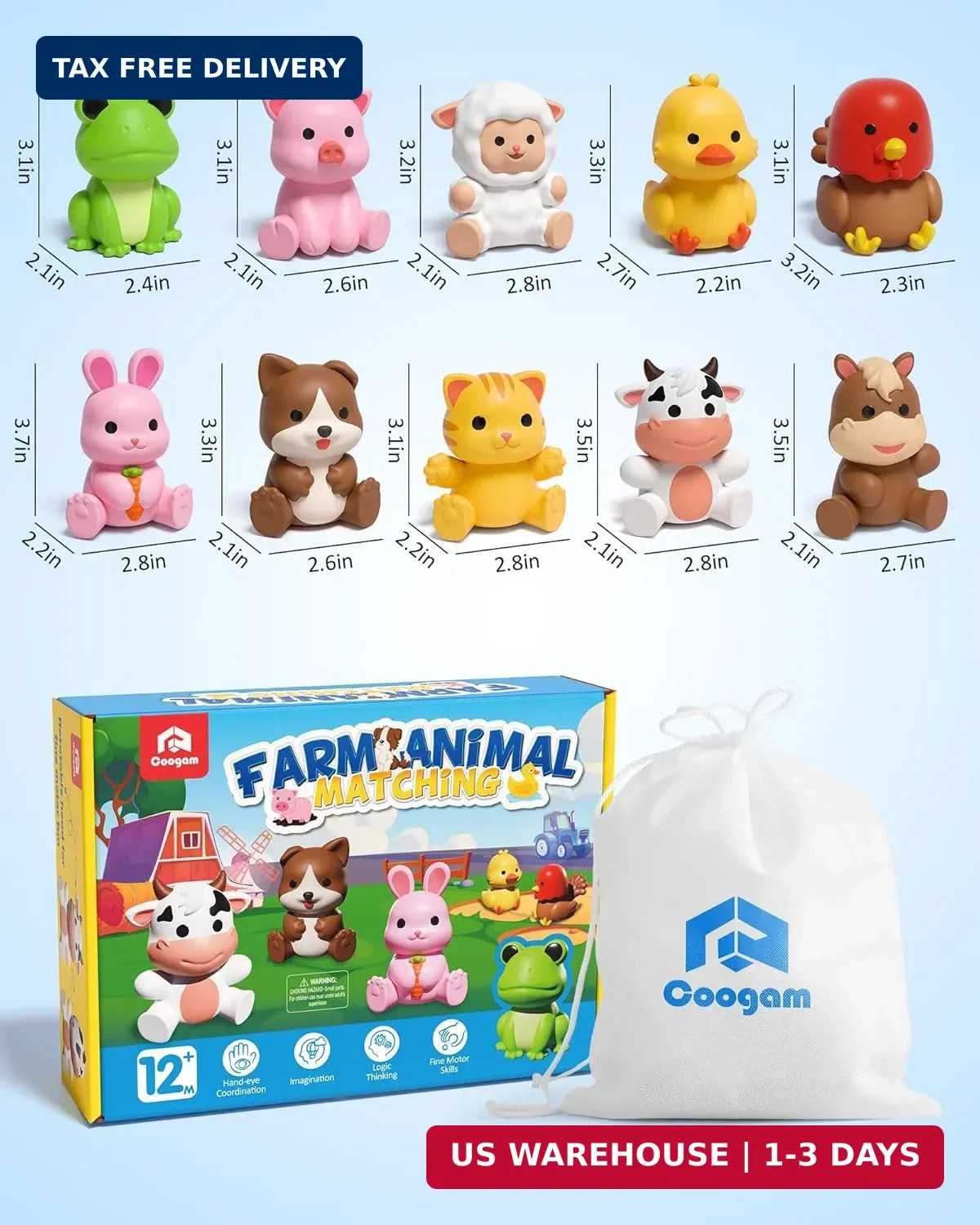 Coogam 10Pcs Farm Animal Matching Toys, Fine Motor Sorting Games for Kids Age 1-