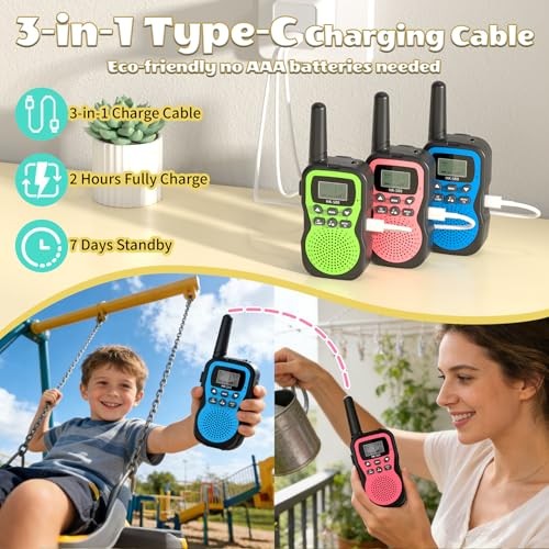 Kids Walkie Talkies 3 Pack,Rechargeable Walkie Talkies for Kids Blue Pink Green