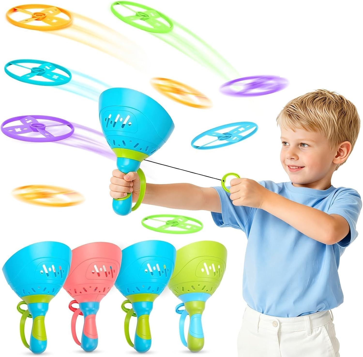 Outdoor Flying Disc Launcher 4 Pack Kids Ages 3-8 Family Games Safe Durable