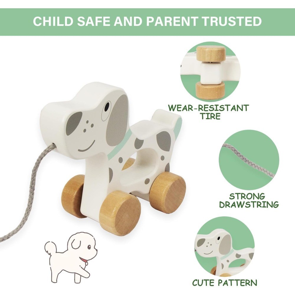 Wooden Pull Along Dog Toy Car Developmental Learning Toddler Gift for 1 Year Old