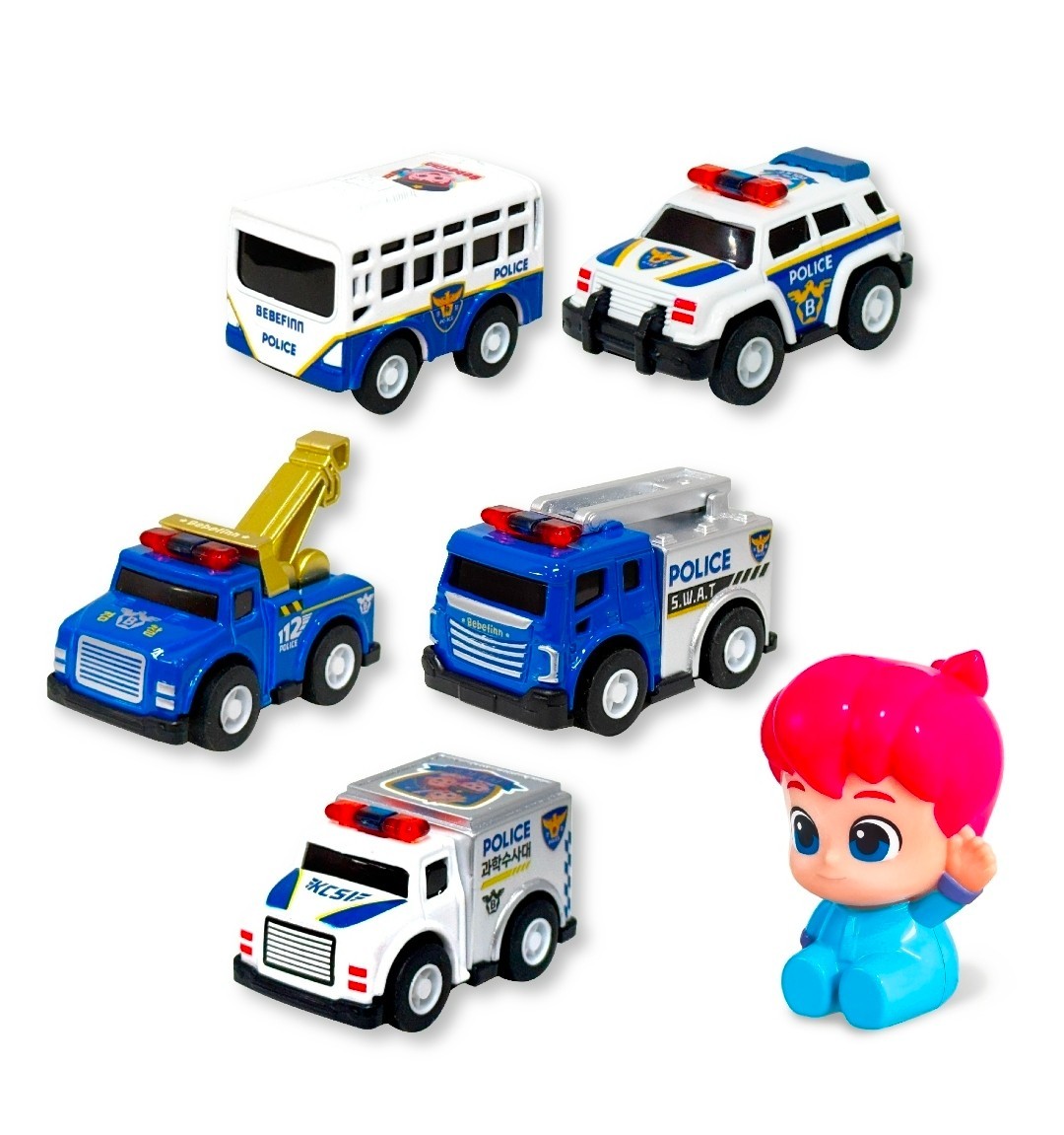 Pinkfong Bebefinn Rescue Police Metal Mini Car 5p Set Pullback Diecast Toy