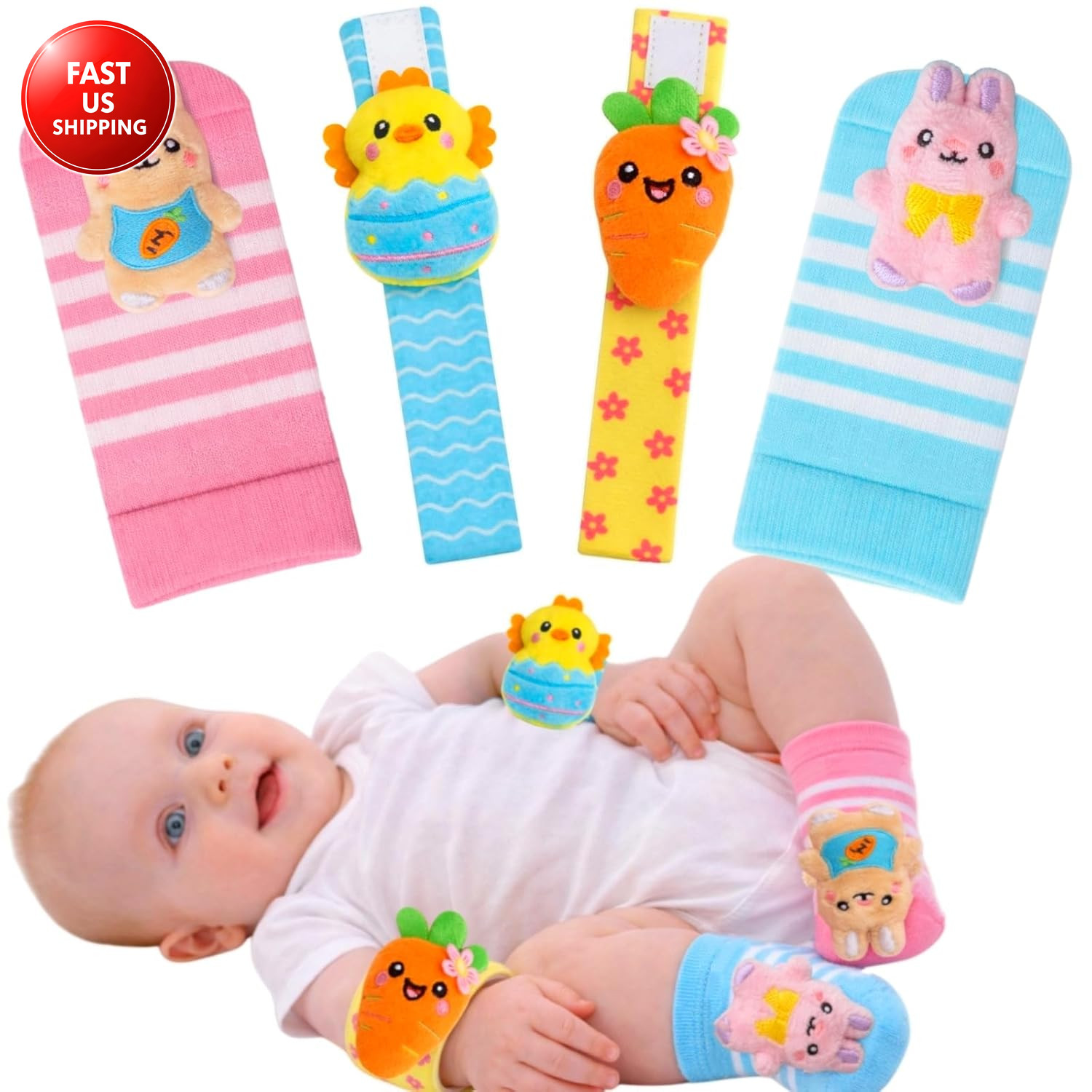 Easter Baby Wrist Rattle Socks and Foot Finder Set, Infant Girl Boy Toys for Bab