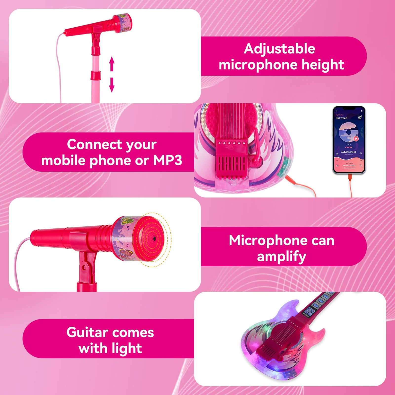 Guitar and Microphone Play Set for Girls,Karaoke Machine with Music&Light,Mic…