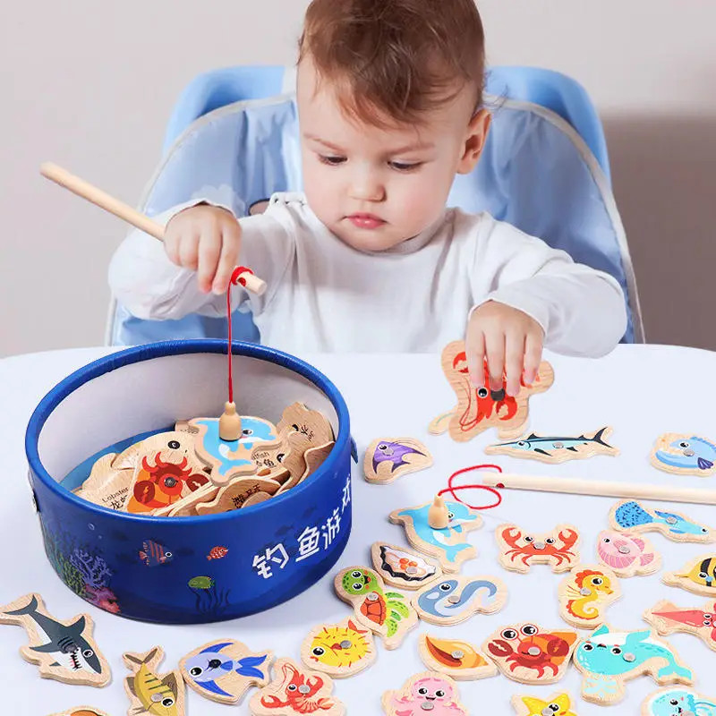 Montessori Wooden Magnetic Fishing Toys Marine Life Cognition Fish Games Early E