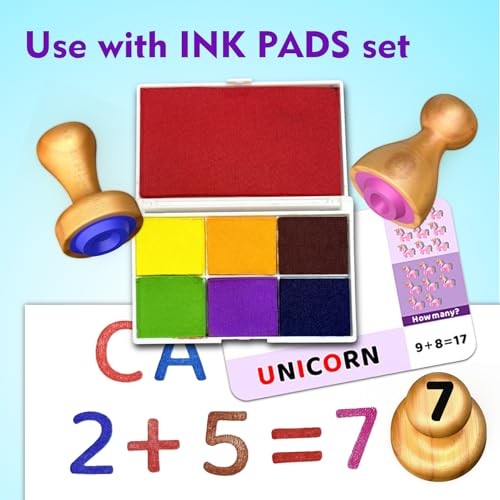 Montessori Wooden Letter & Number Stamps Set with 7-Color Ink Stamp Ink Pad Set