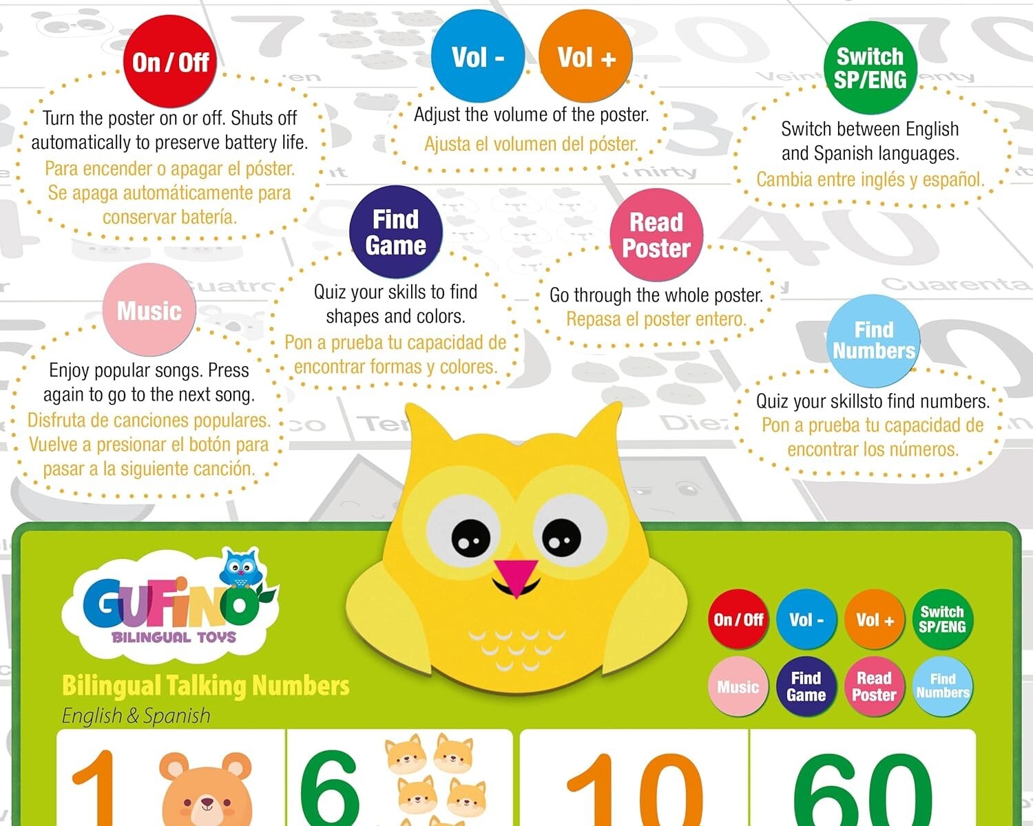 Bilingual Talking Numbers Kids Education Poster English & Spanish Shapes Colors