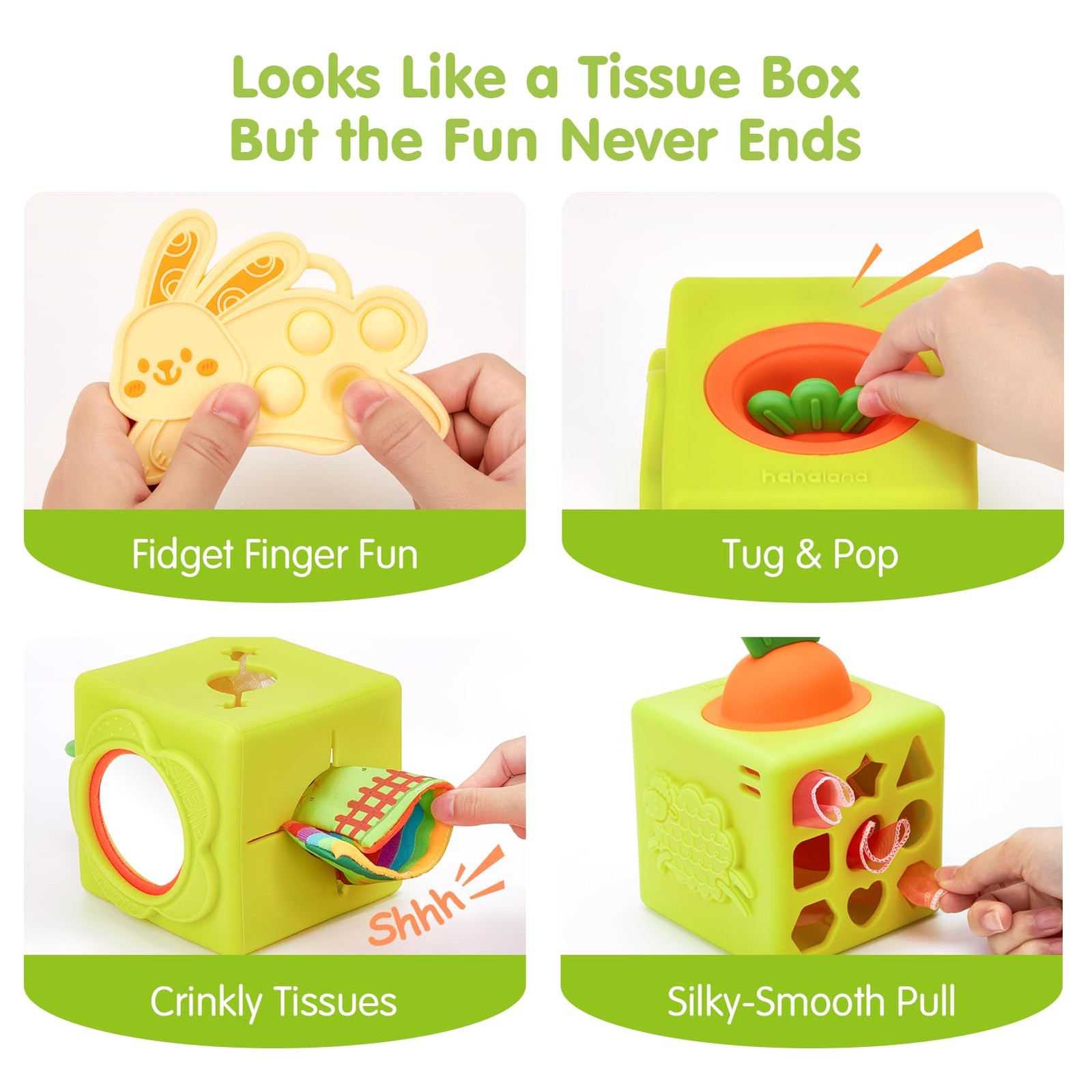 hahaland Silicone Baby Tissue Box Toy – Toys 6-12 Months Medium, Green