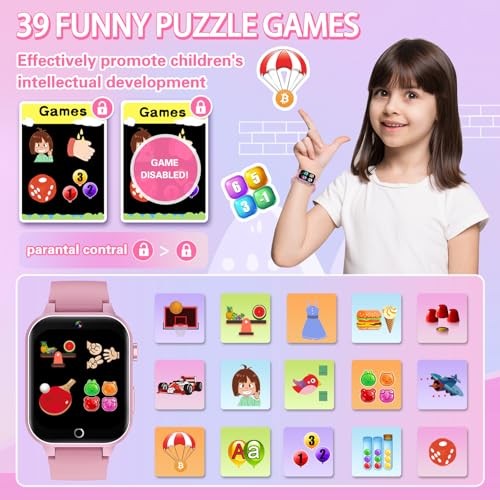 Kids Smart Watch Girls Gift for Girl Aged 6-12, HD TouchScreen Kids Watch Pink