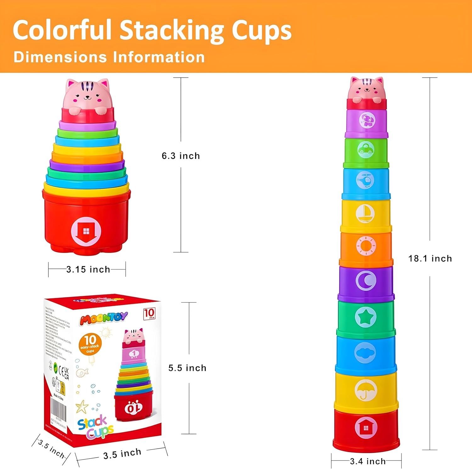MOONTOY Stacking Cups Baby Toys 6 10 12 18 Months, Montessori A- 11 PCS