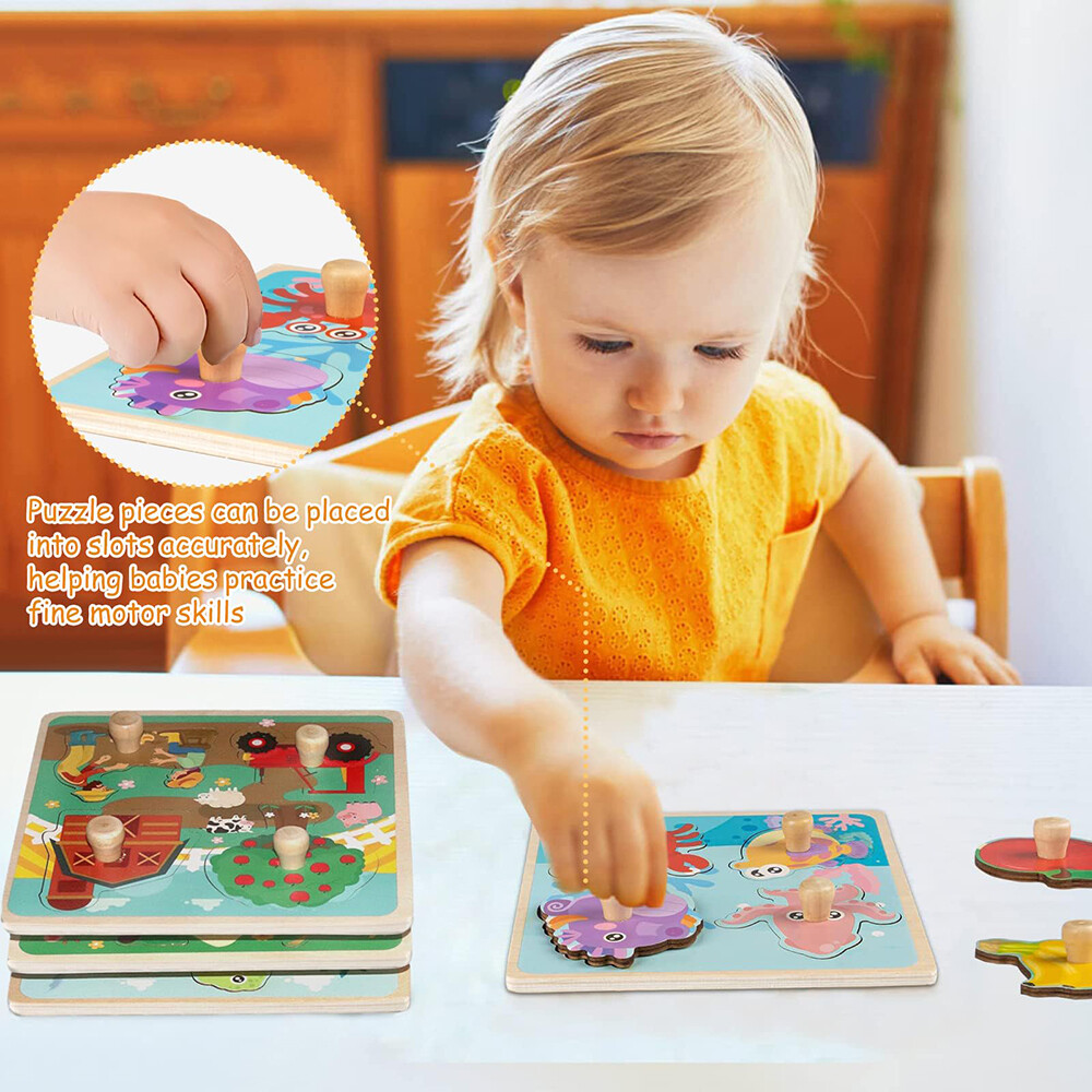 4 Pack Wooden Puzzles For Toddlers Baby Kids 1-3, Animals, Dinosaurs, Fruit