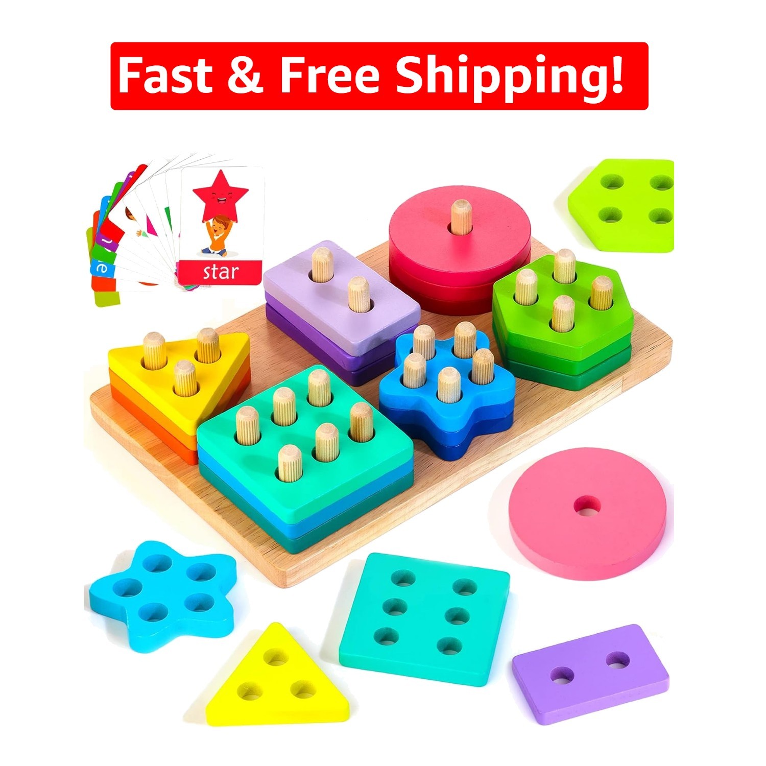 24-Piece Rainbow Stacking Toys with Shapes & Word Cards for Toddlers 12+