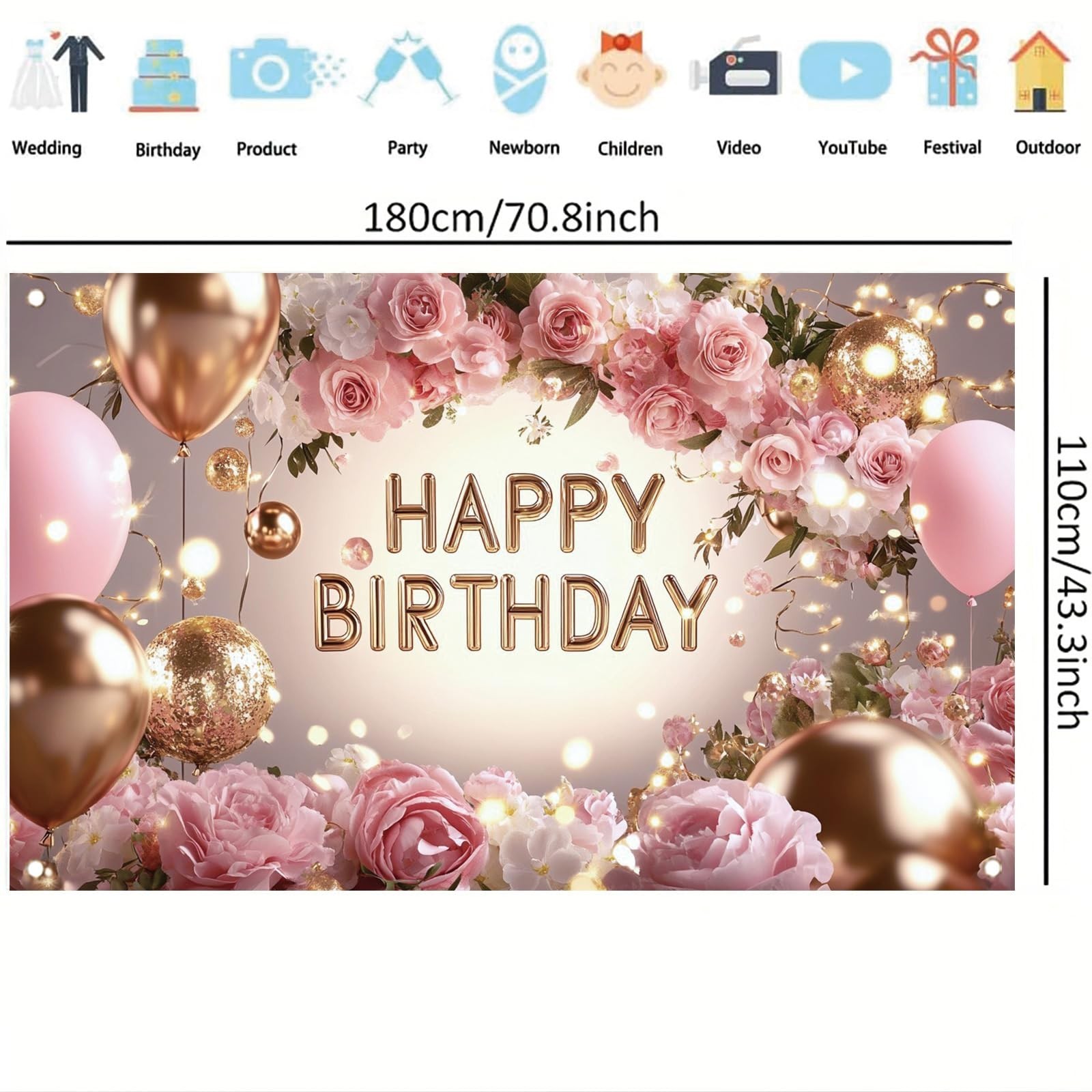 Pink Rose Happy Birthday Backdrop Banner Gold Glitter Crown Photography Backg…