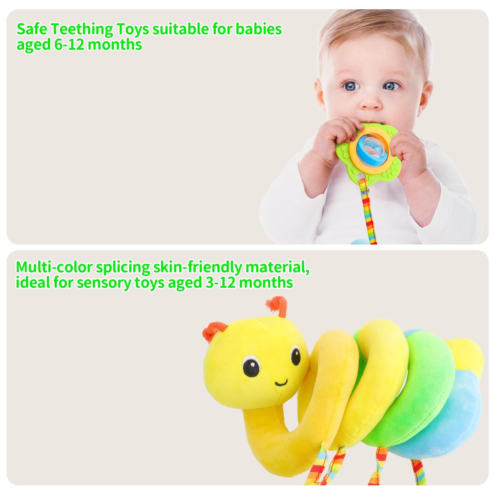 FPVERA Car Seat Toys for Babies 0-6 Months Upgraded Large, Yellow+green+blue