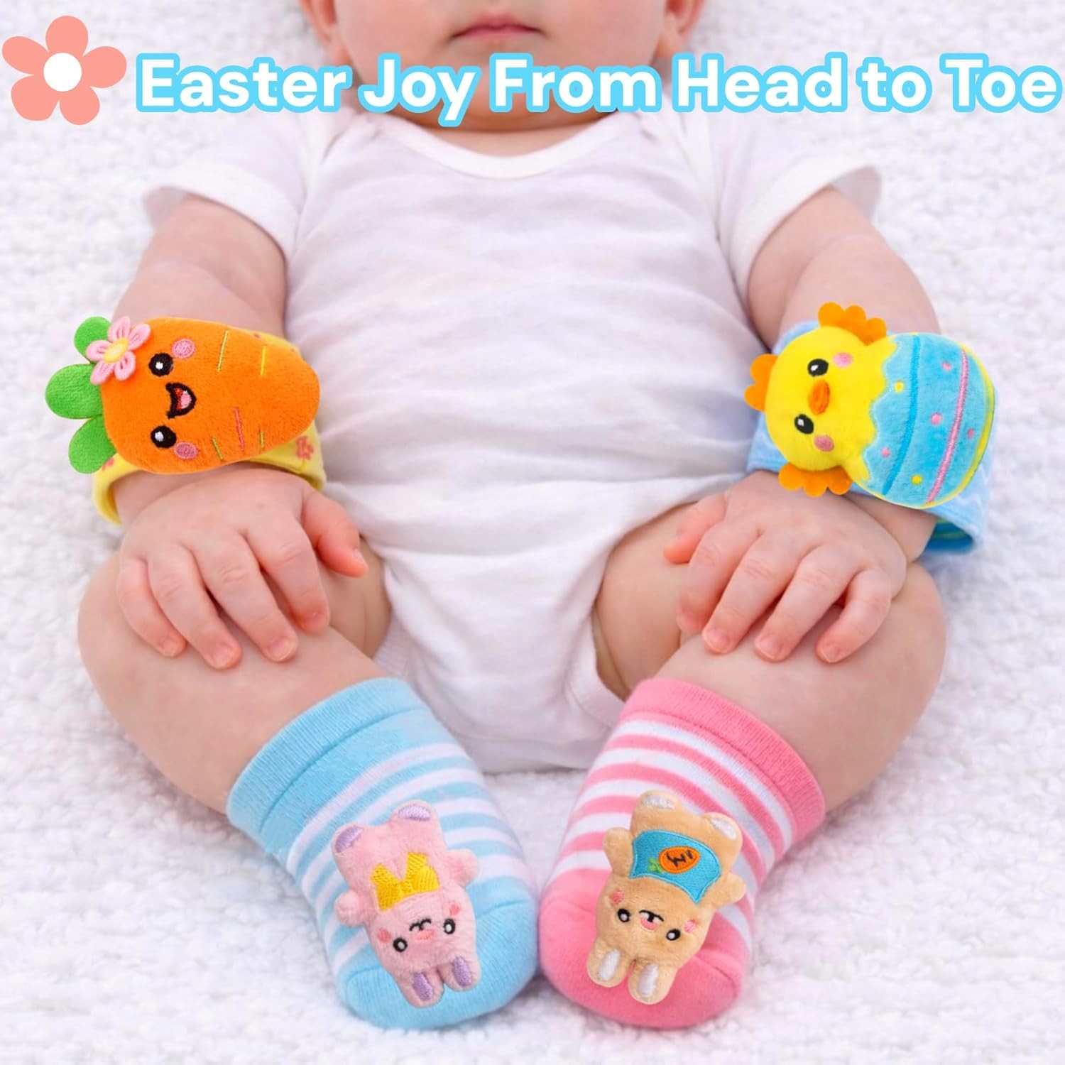 Easter Baby Wrist Rattle Socks and Foot Finder Set, Infant Girl Boy Toys for