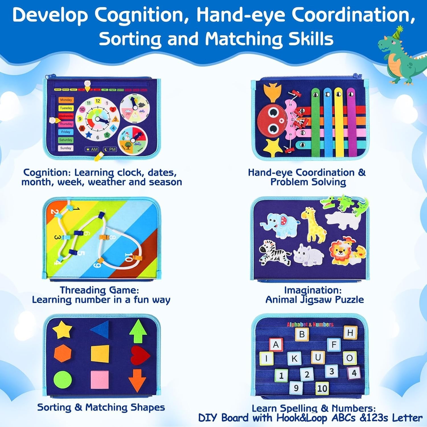 Blue Dinosaur Montessori Busy Board for Toddlers – Educational Play & Travel Fun