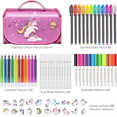 Unicorn Washable Markers Set 48 pcs with Glitte Pencil Case, Art Hot Pink