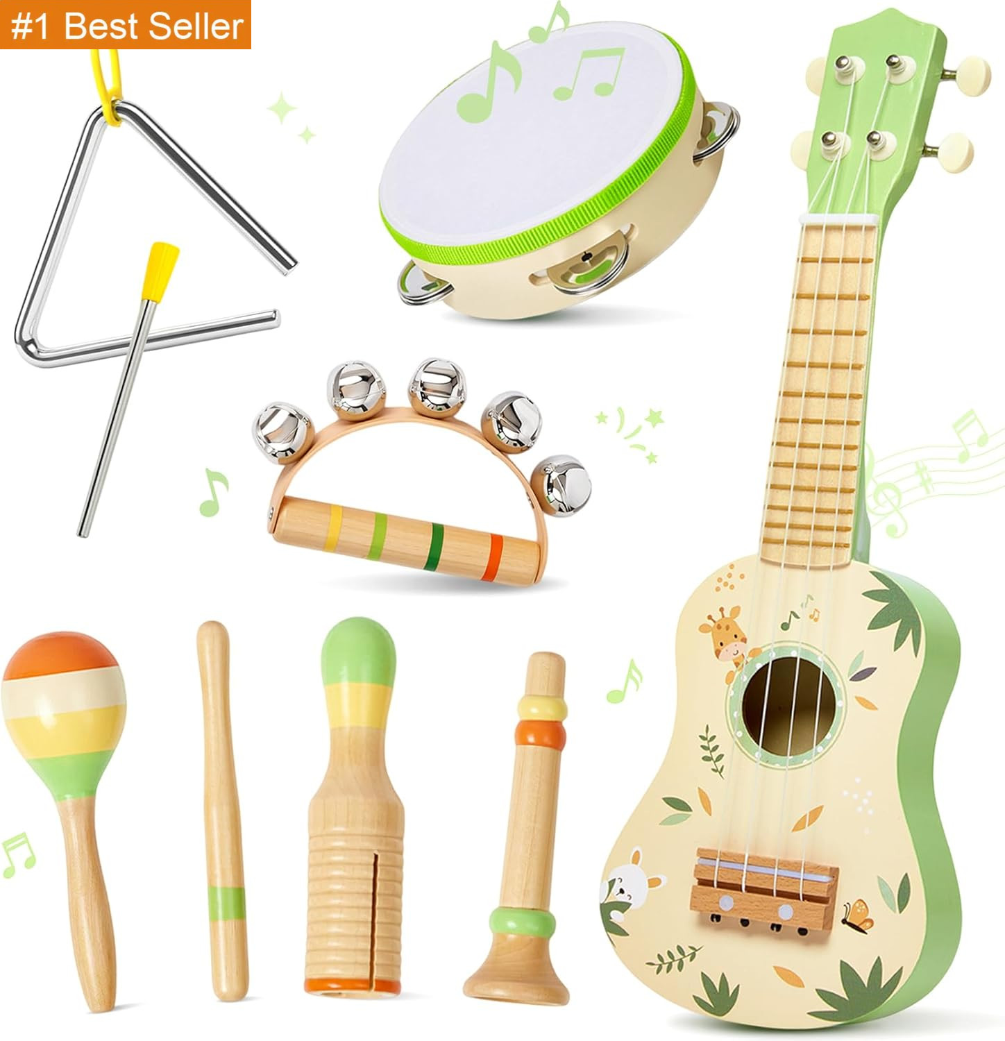 Toddler Guitar Set, 7-In-1 Wooden Baby Musical Instruments Band Includes 17″ Uku