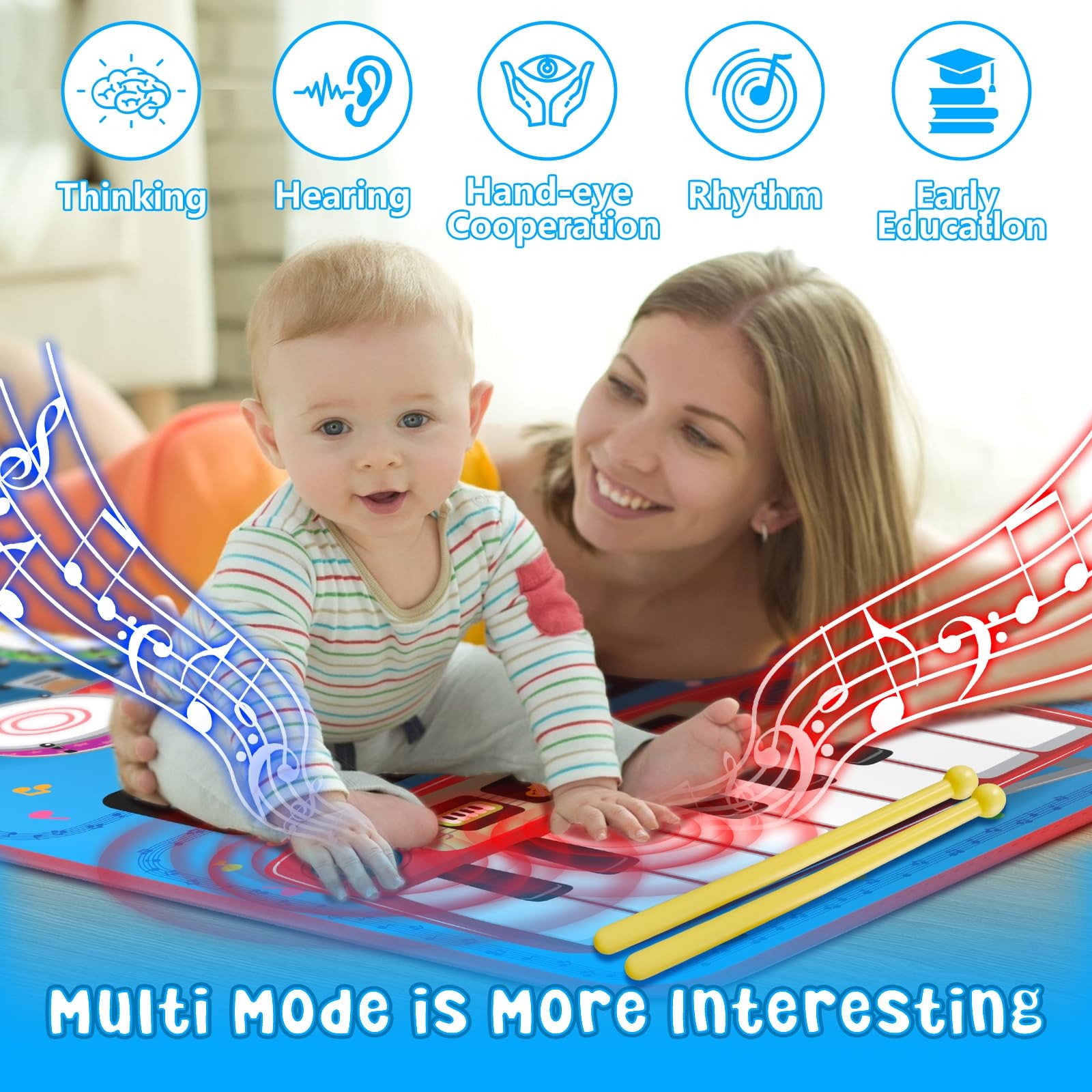 2-in-1 Musical Mat Toys for 1 2 3 4 5 Year Old, Piano Keyboard & Drum Set wit…