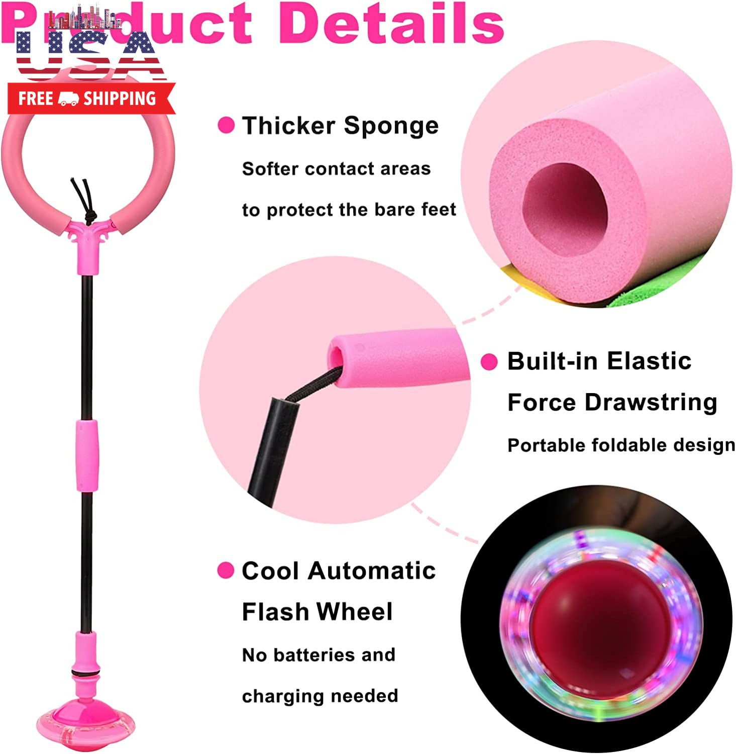 Skip Ball, Portable Foldable Colorful Flash Wheel Swing Ball, Kids Toys for Girl