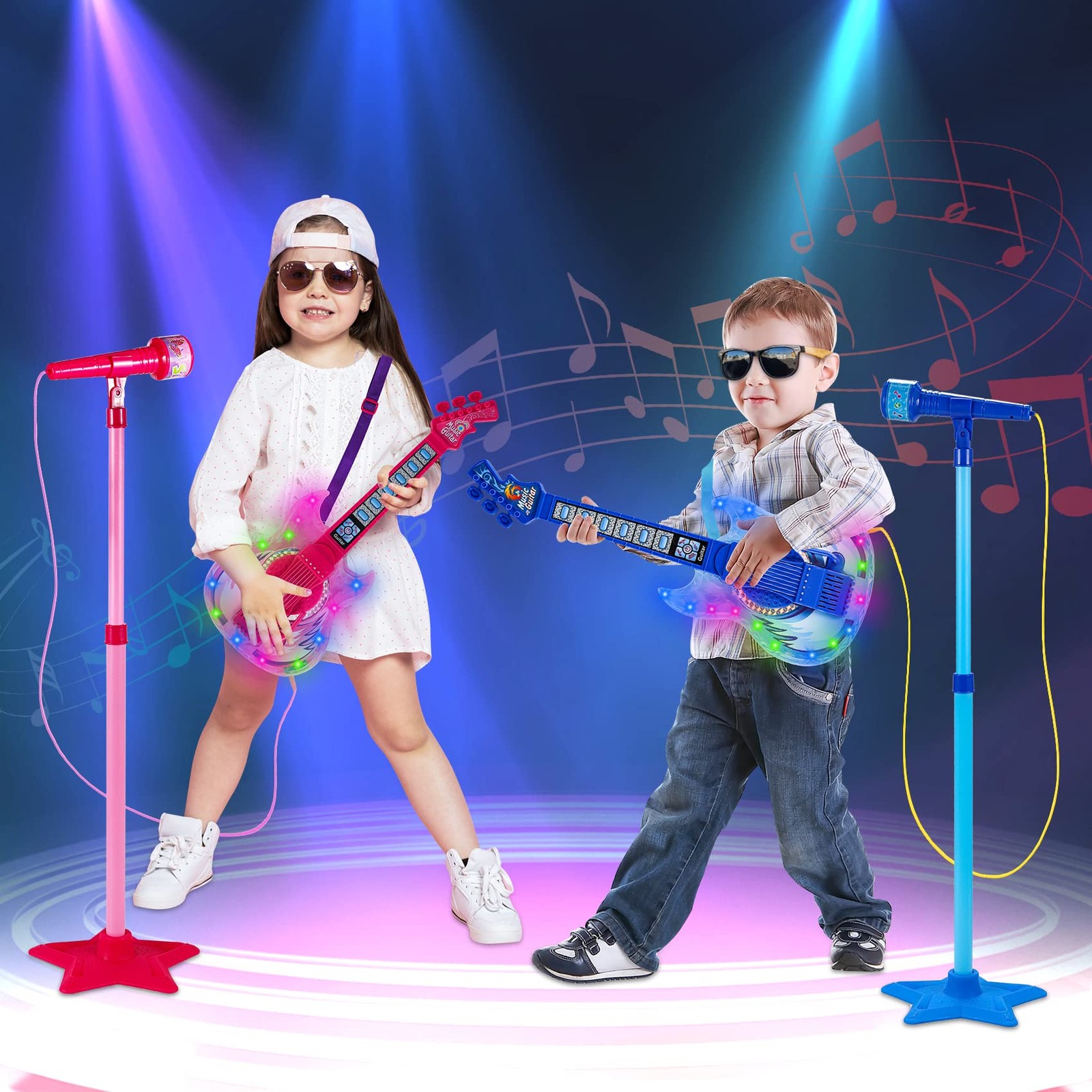 Guitar and Microphone Play Set for Girls,Karaoke Machine with Music&Light,Mic…