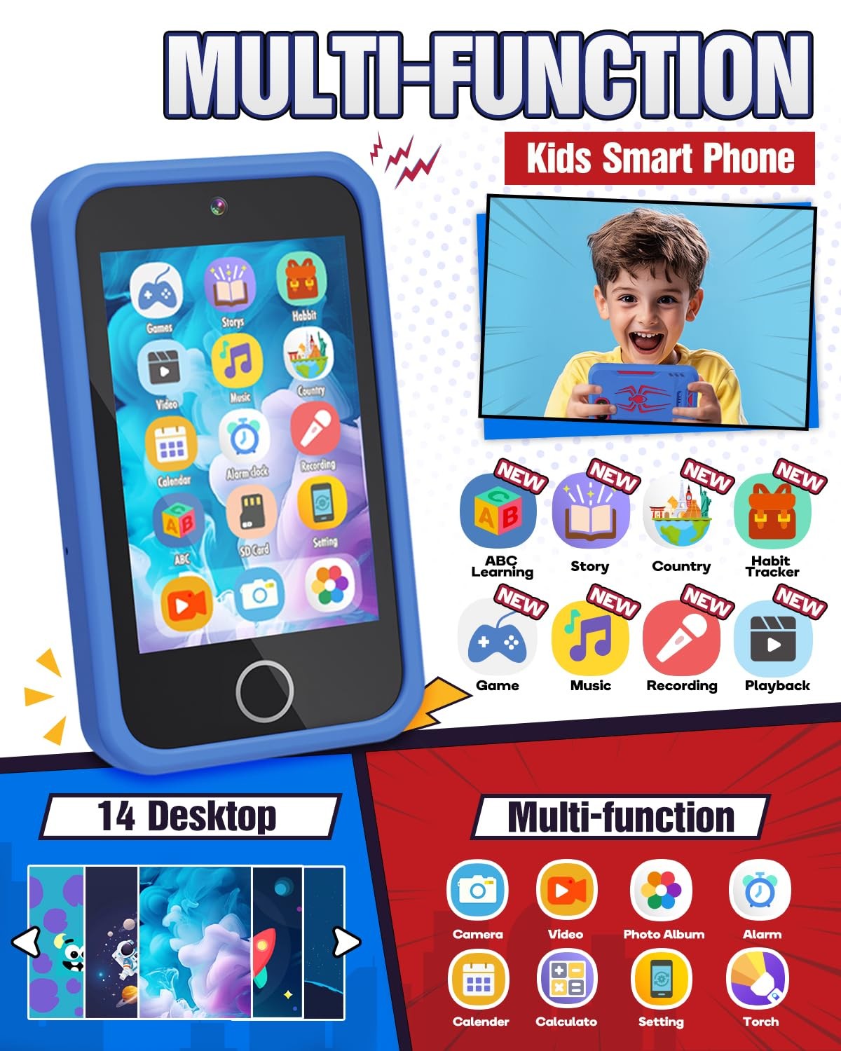 Kids Smart Phone, Spider Toys Phone for Boys 3 4 5 6 7 8 Years Old, Dual Camera,