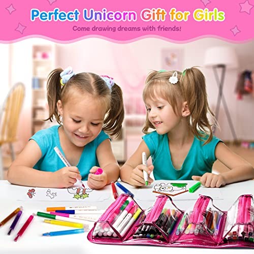 Unicorn Washable Markers Set 48 pcs with Glitte Pencil Case, Art Hot Pink