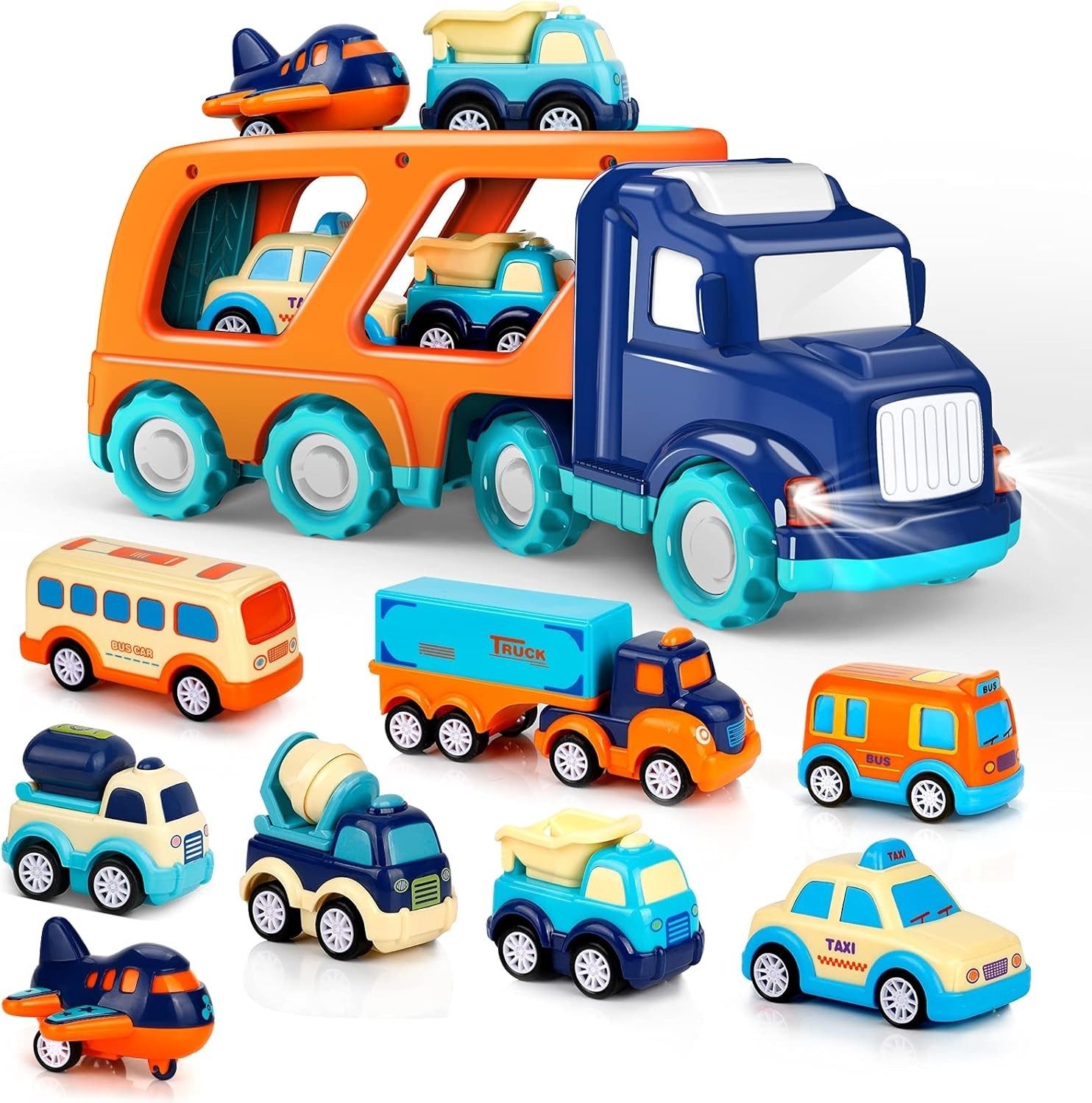 Colorful Cars Toy Set – 9 Vehicles with a Transport Truck for Toddlers Ages 2-5