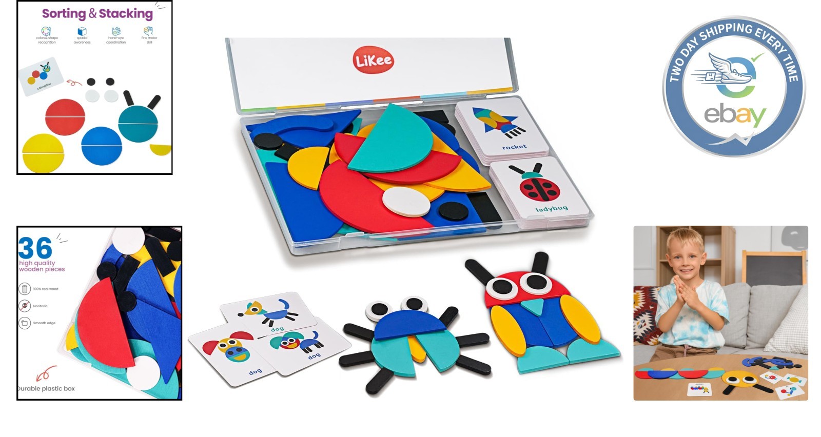 Educational Open-Ended Wooden Shape Blocks & Cards for Children 3-8 Yrs
