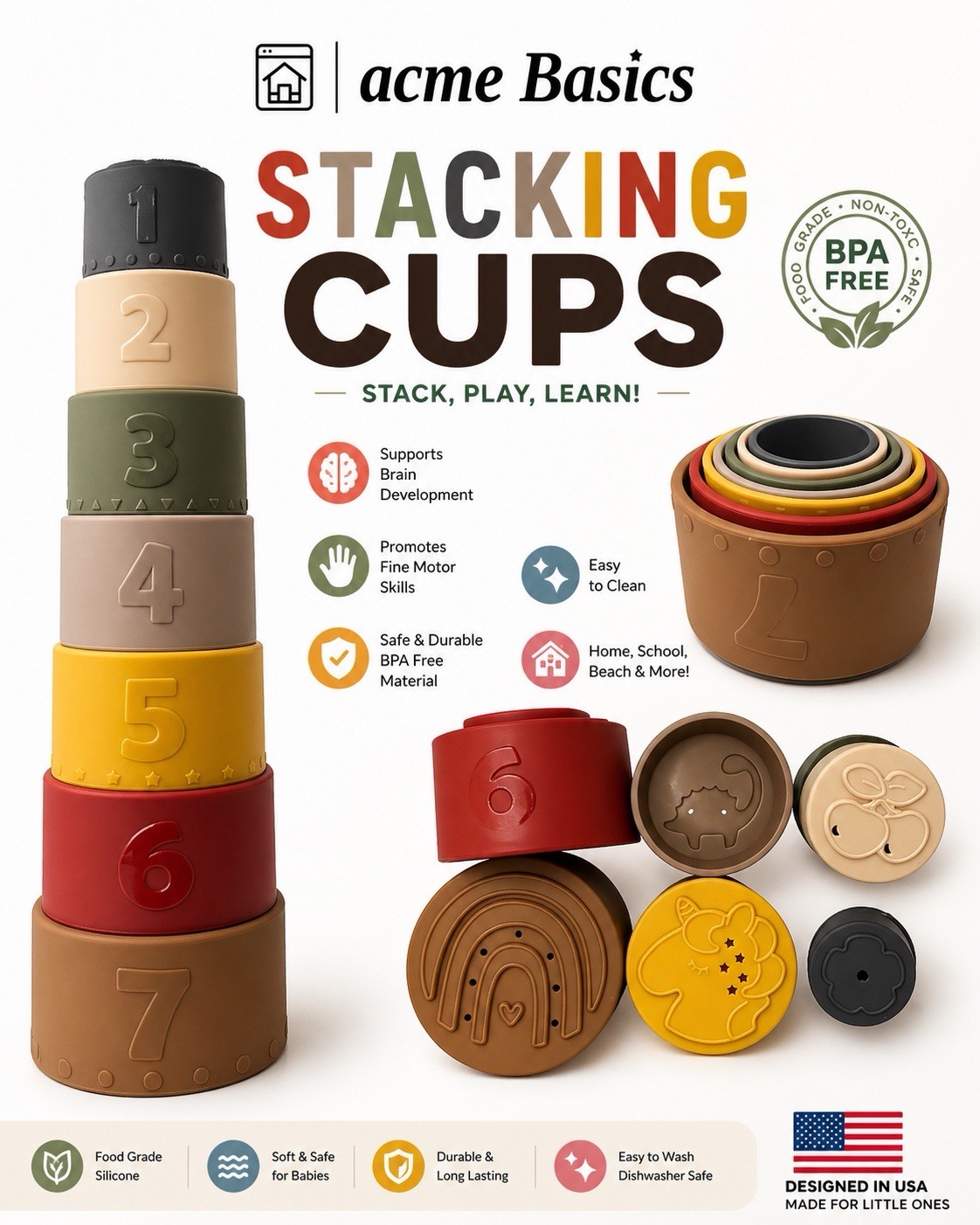 Moonkie Stacking Cups Toy, Fun Educational Baby Toys Silicone Soft Teething Toys