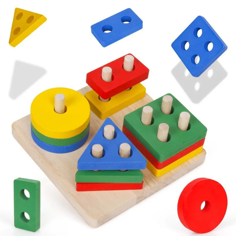 Wooden Shape Matching Building Blocks Kids Learning Toy US