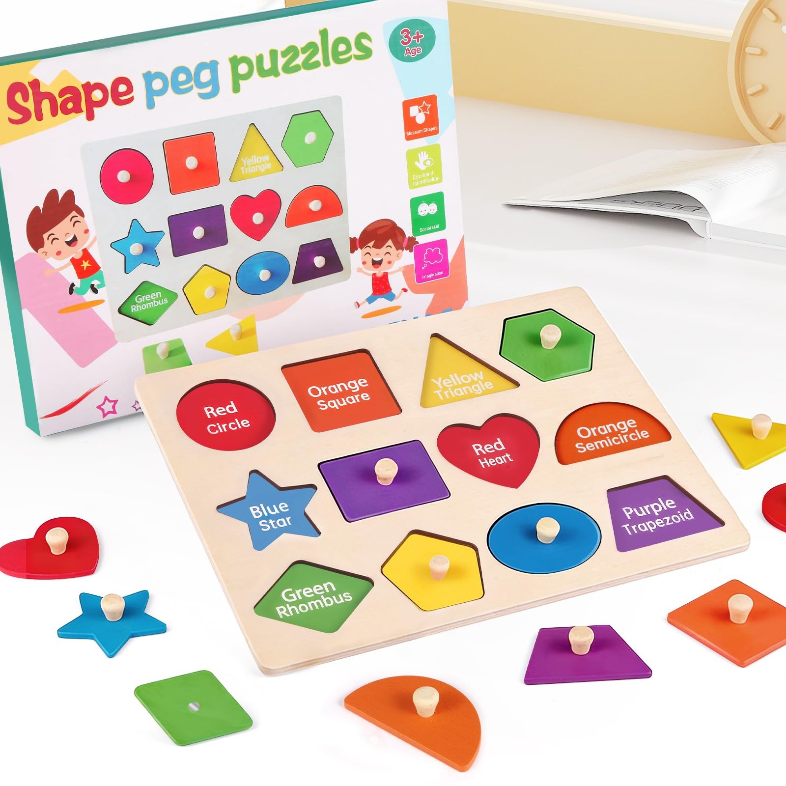 Montessori Wooden Peg Shape Puzzles for Toddlers, Sturdy Easy-Grip Educationa…