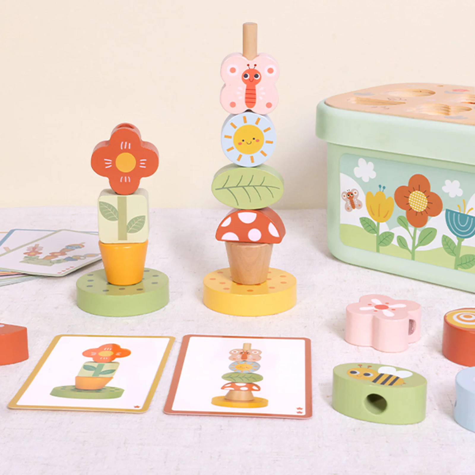 Wooden Stacking Beads Game Toddler Montessori Learning Toy with Storage Box