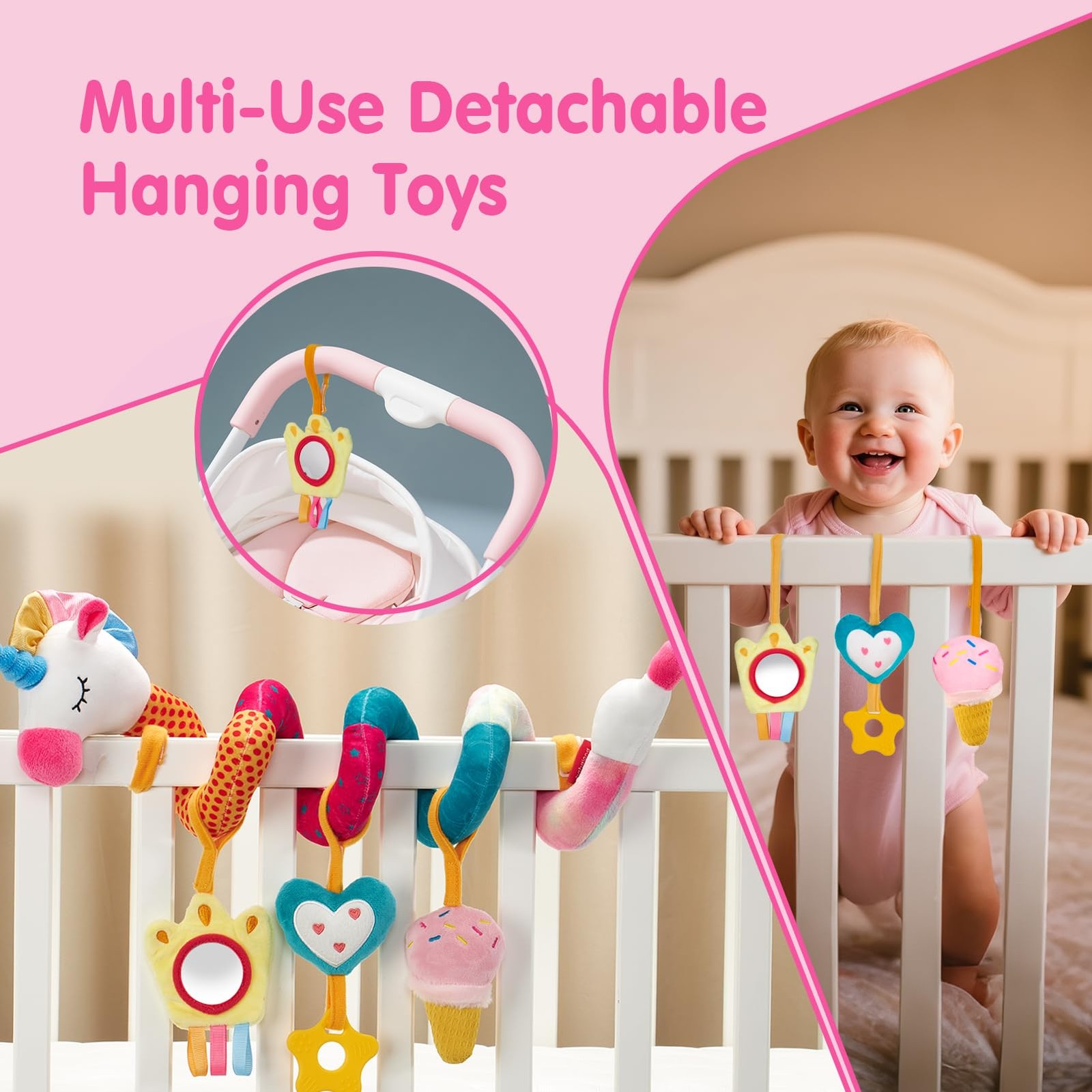hahaland Car Seat Toys for Babies 0-6 Medium, Pink, Yellow, Blue, Purple
