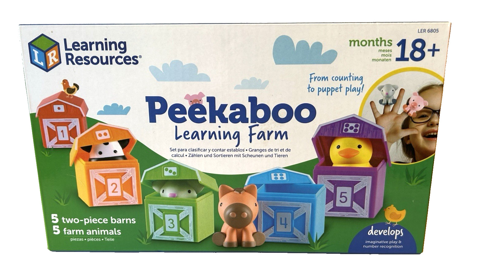 New-Learning Resources Peekaboo Farm Animals Counting Barns Finger Puppets Toys