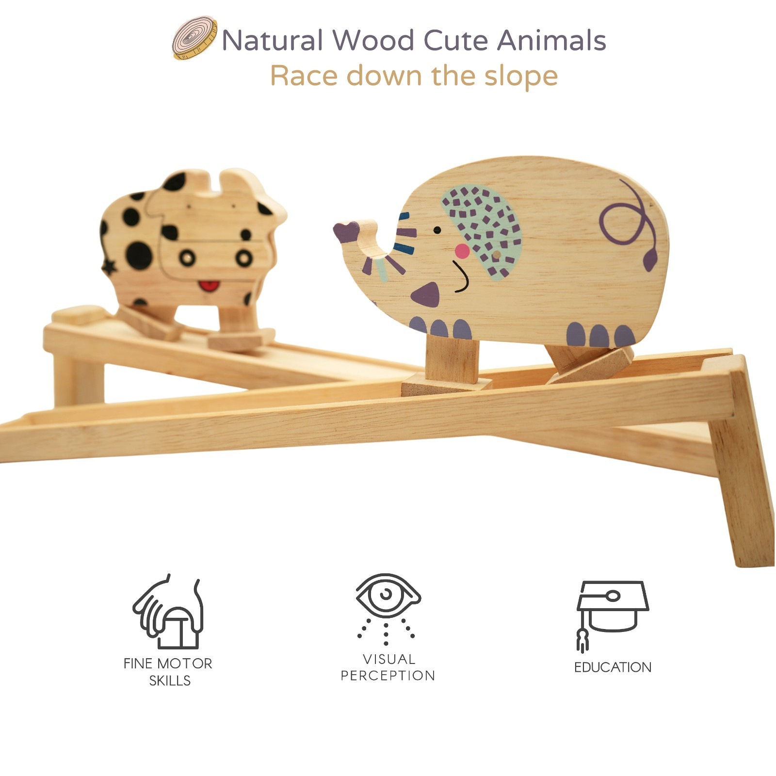 Wooden Animal Racing Ramp Toy Elephant Cow Toddler Toy Free Ship US