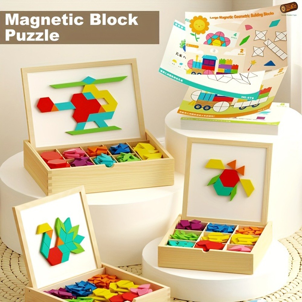 Wooden Magnetic Tangram Puzzle Set Geometric Shape Learning Toy for Preschoolers
