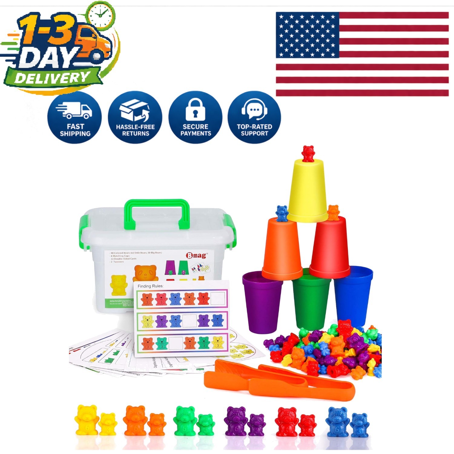 Multi-Color Counting Bear Toy with Tweezers and Storage Box – Play & Learn