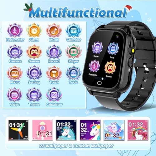 Waterproof Kids Smart Watch for 3-12 Years Old Boys Girls Toys with 26 1.Black
