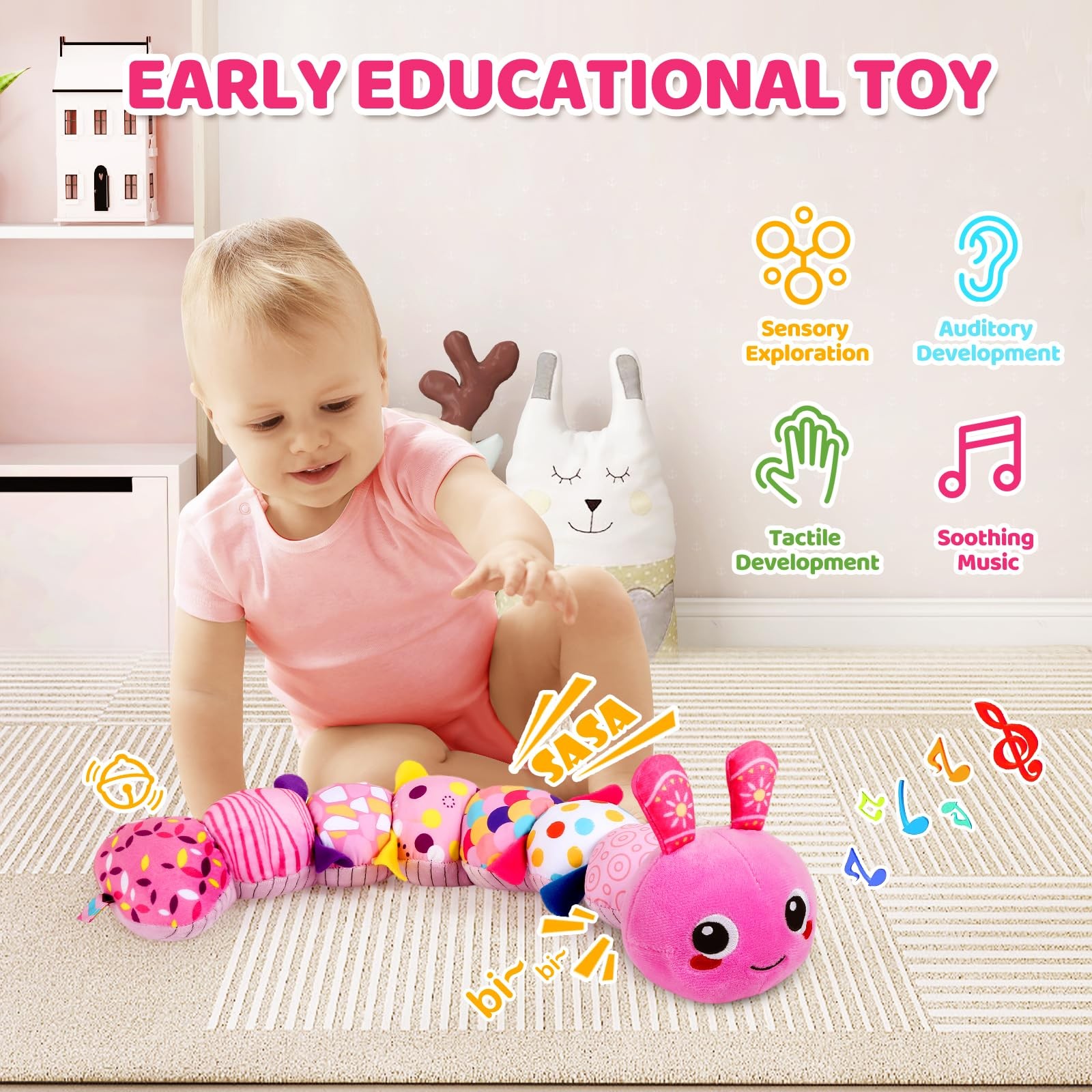 Baby Sensory Caterpillar Toys for 0-6 6-12 Months, Soft Plush Activity with C…