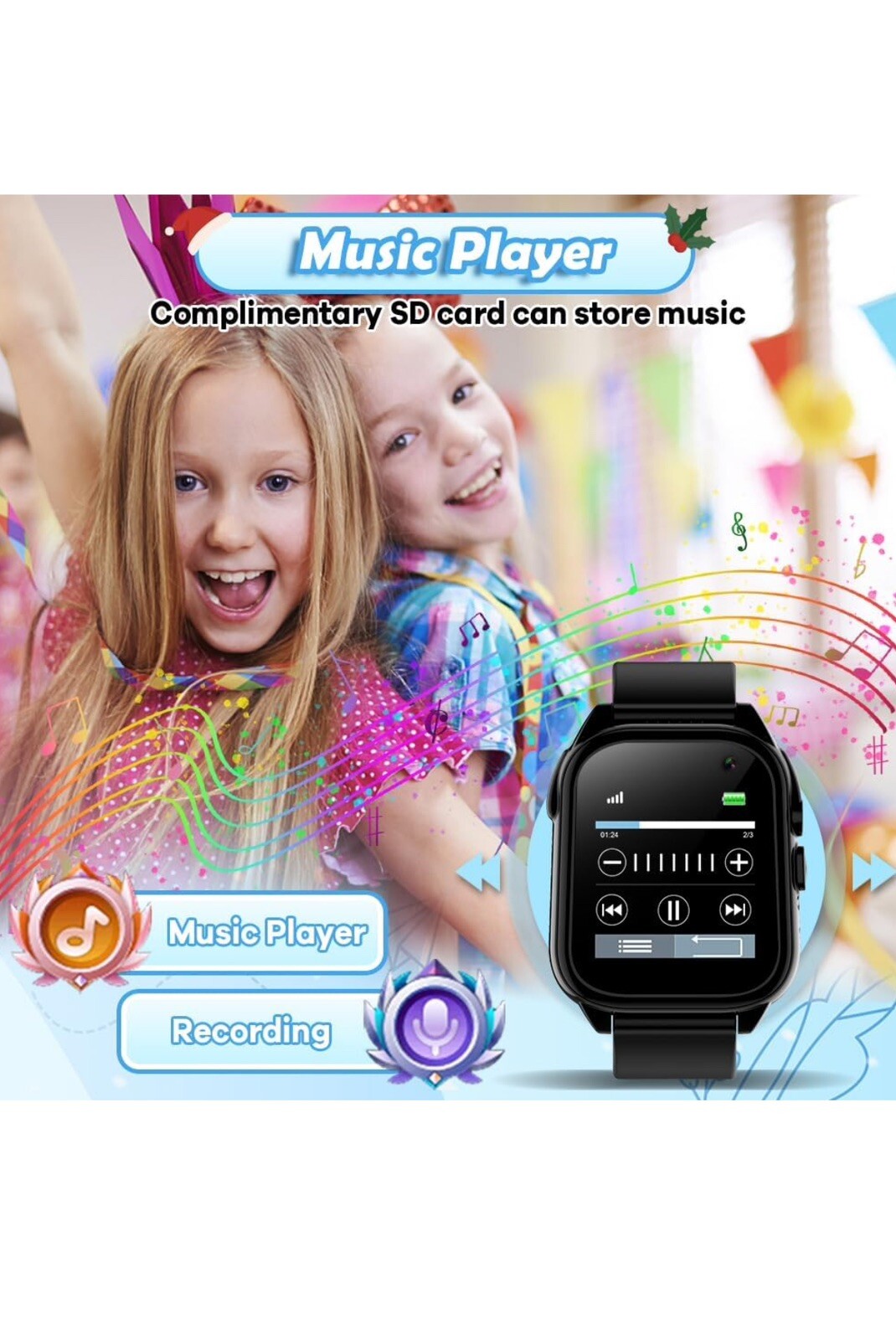 Waterproof Kids Smart Watch for 3-12 Years Old Boys Girls Toys with 26 Black